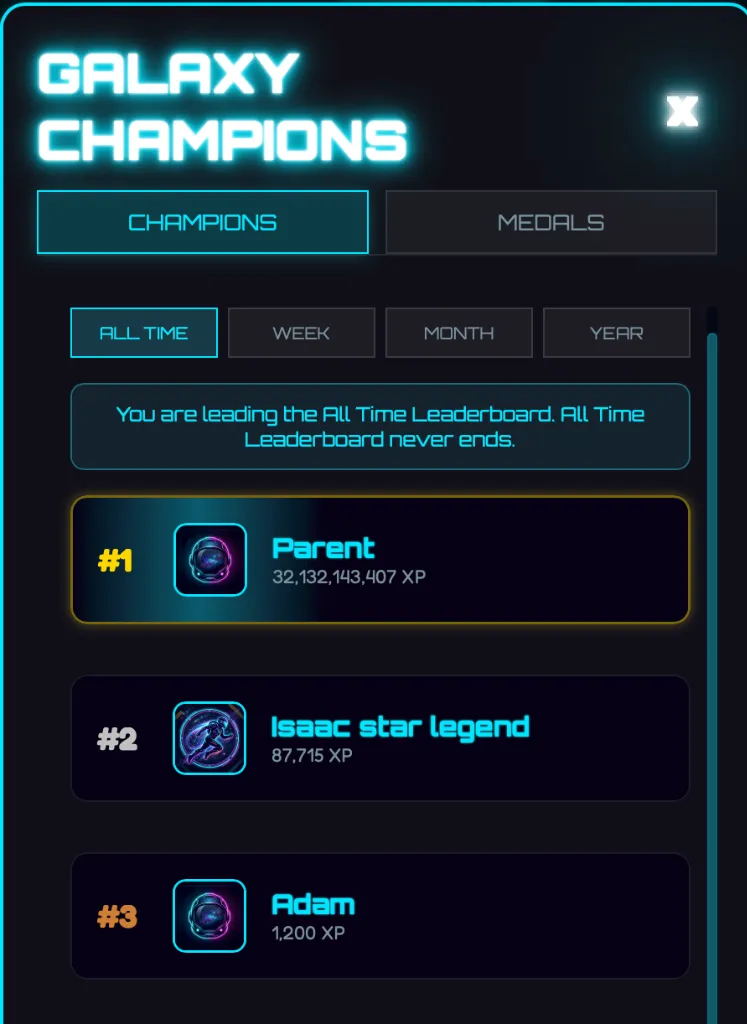 Galaxy Champions Family Leaderboard Grid
