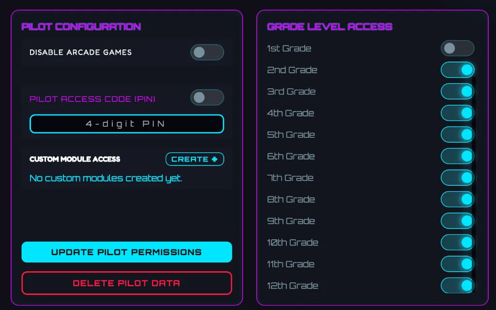 Pilot Configuration and Grade Level Access Filters